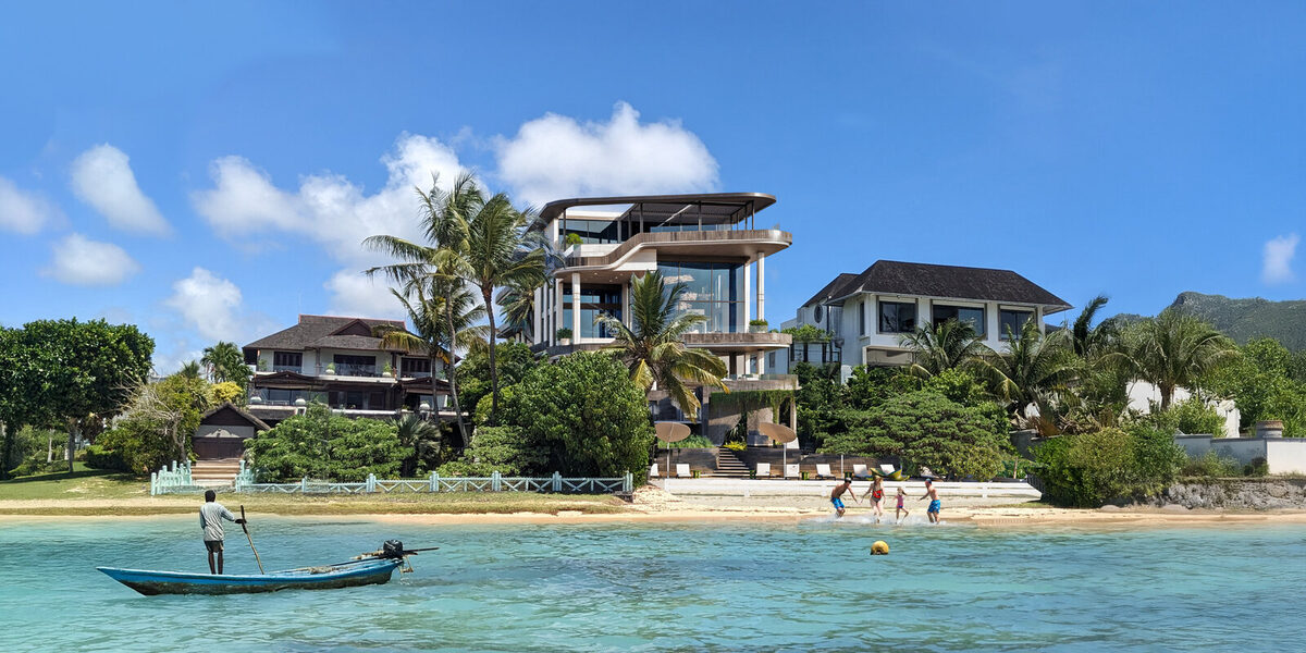 Beachfront residences on the northern shore, seen from the lagoon