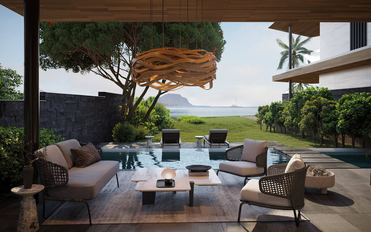 Poolside lounge with bespoke furniture and a sea view, west coast