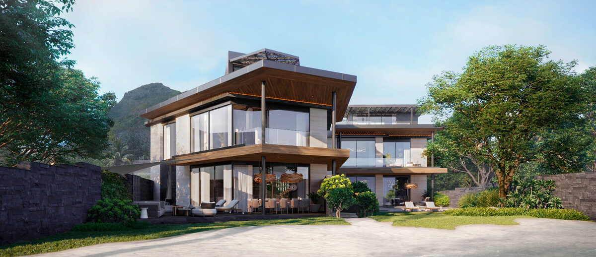 Beachfront villa elevation on the west coast, seen from the garden with the coastal mountains behind